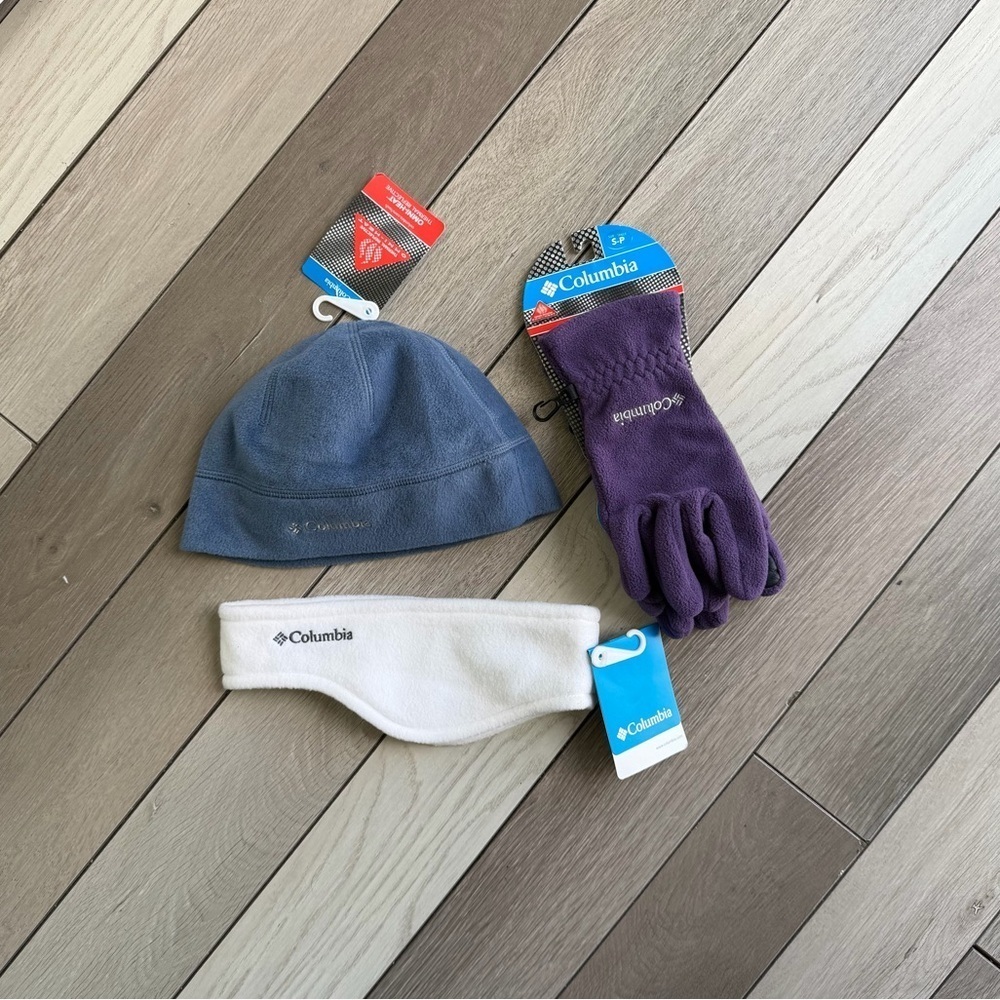 Columbia Blue Hat, Purple Gloves, and White Headband Set